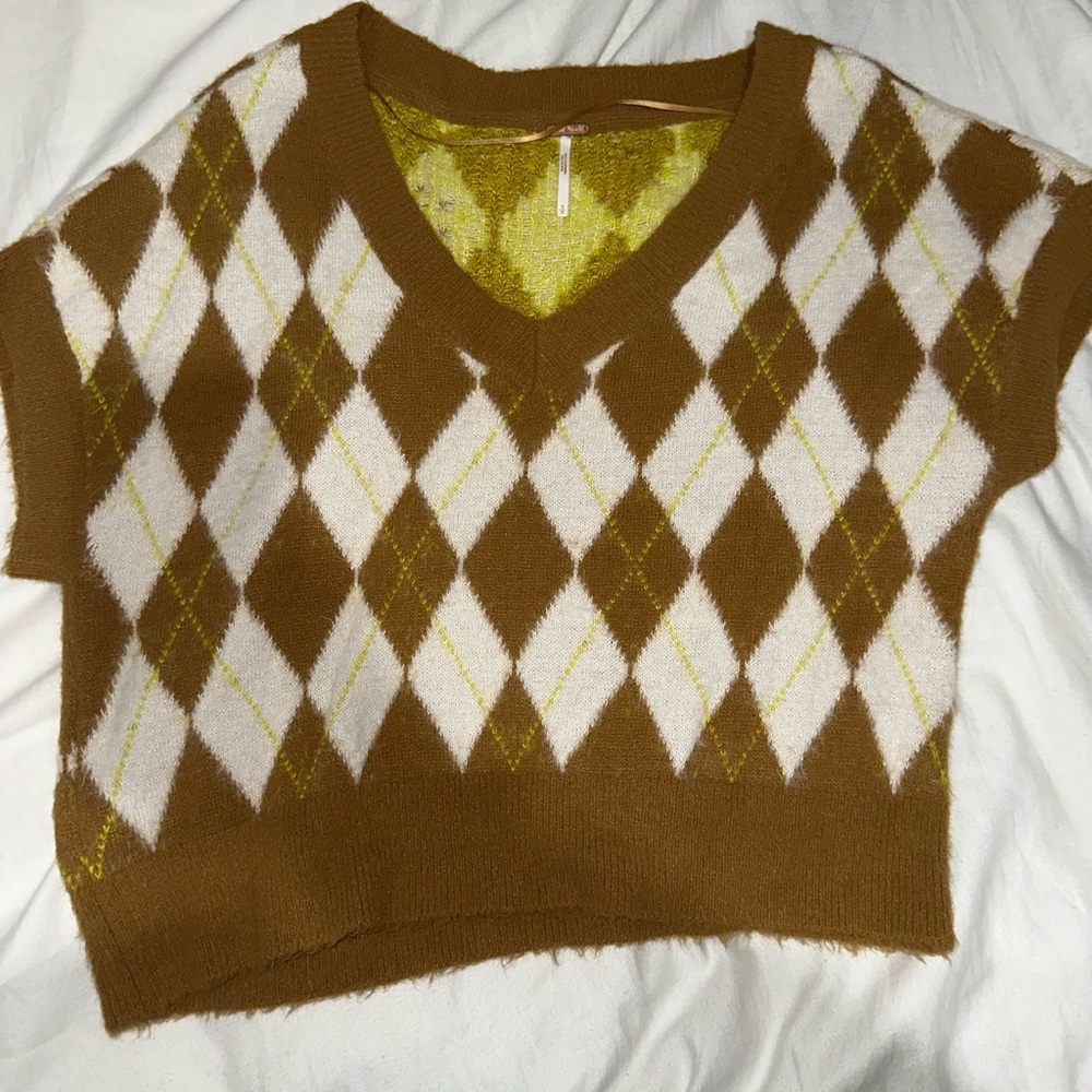 Free People Brown and Yellow Argyle Sweater Vest